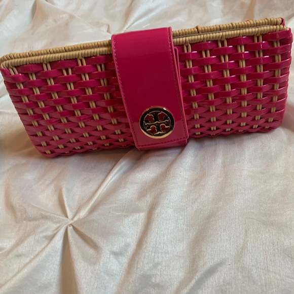 Tory Burch Pink/Tan Basketweave Clutch Handbag
